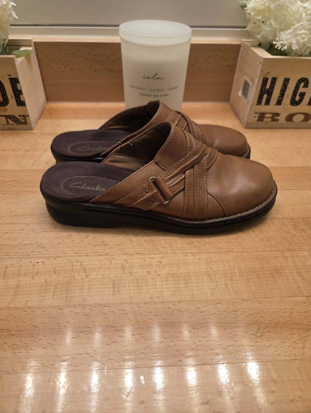 Clarks Leisa Sadie Slip-on Clog Mules Tan/Brown Leather Womens Size 7